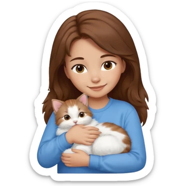 Create an emoji that has a girl wearing a blue shirt and brown hair snuggling a kitten. Smiling sticker