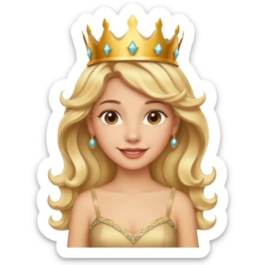 Cheerful blonde latin princess with wavy hair and light gold dress, wearing crown sticker