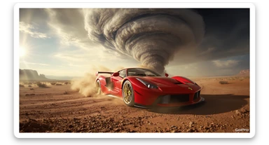 Cinematic still of a ferrari f40 around tornado od arizona desert, sun flare, big earth in background, captured by gopro hero with effect fisheye sticker
