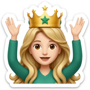 Apple style 3D emoji of a young woman inspired by the Starbucks logo. She has long wavy hair on both sides, a crown with a star on her head, arms raised upward like in the Starbucks logo, with a calm smile. Smooth, shiny, simple emoji look. sticker
