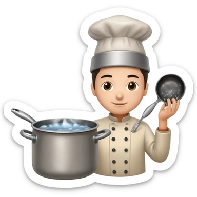 small metal pot filled with boiling water on a stove, visible hot steam and rising bubbles, realistic heat effect, shiny pot surface, bright lighting, clean white background sticker
