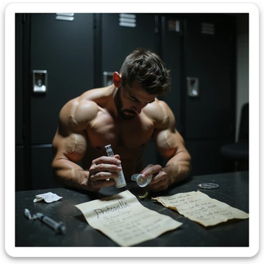 scene in gym locker room young bodybuilder injecting himself with unknown substance from unlabeled vial, crumpled handwritten 'protocollo' paper, syringe and alcohol wipes scattered, harsh lighting, hyperrealistic 4K, tense risky atmosphere sticker