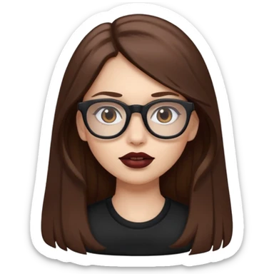 white-skinned girl with long brown hair with darker brown underlayer, brown glasses, brown lipstick, half-body sticker
