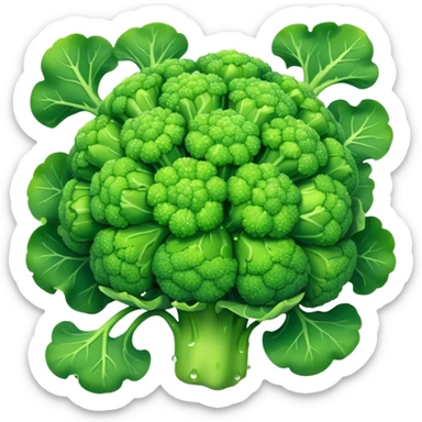 Cinematic lush green broccoli, detailed florets glistening with dewdrops, ultra-fresh and vibrant, soft glowing background, healthy and delicious. sticker