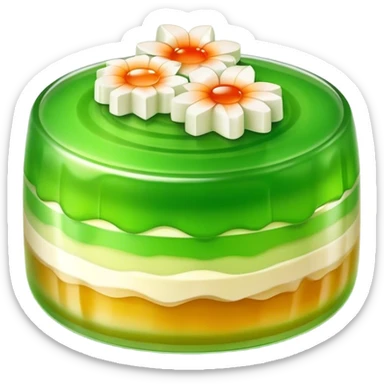 Coconut Pandan Jelly Cinematic Realistic Coconut Pandan Jelly Dessert Emoji, depicted as a layered jelly with distinct strata of coconut and pandan flavors, rendered with delicate textures and vibrant, tropical lighting. sticker