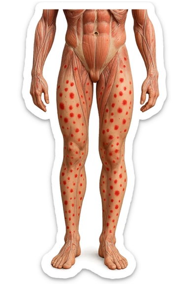 corpo umano anatomico con red spot sparsi sulle gambe, iperrealistica in 3d sticker