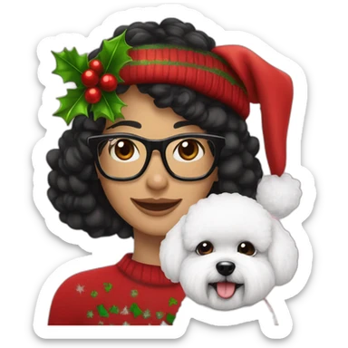 woman-black hair-christmas hat-with glasses-with bichon dog-white-smile sticker