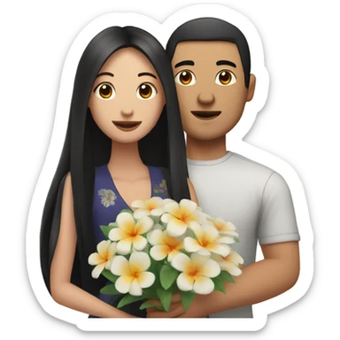 An asian woman with long black hair and an asian man holding a bouquet of flowers together sticker
