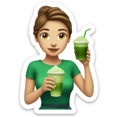 Beautiful girl with brawn hair holding cup of iced matcha  sticker