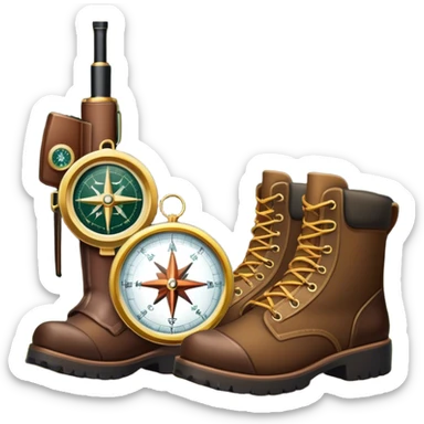 Icon for Hunting Tourism: a rifle, hunting boots, and a compass on a forest background, with a silhouette of wildlife in the distance. The icon should capture the adventure and connection with nature in hunting tourism. Transparent background. sticker