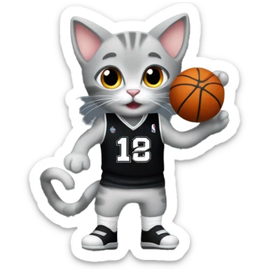 Grey kitten in a black San Antonio spurs jersey with the number 1 playing basketball  sticker