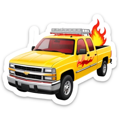 Bright yellow 1997 Chevy Silverado C-2500 Crew Cab with detailed red flame graphics on hood, 30-degree angle showing flames clearly, Kill Bill 'Pussy Wagon' truck, iOS emoji style sticker