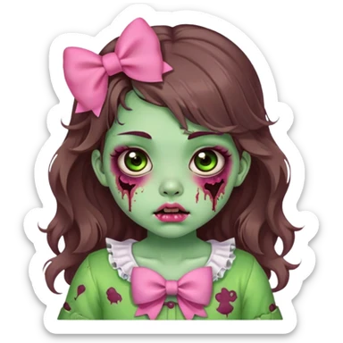 Zombie girl, long wavy brown hair, big doe brown eyes, cute chubby cheeks and lips, coquette / kawaii style, green zombie skin, bruises, pink clothes, bow   sticker