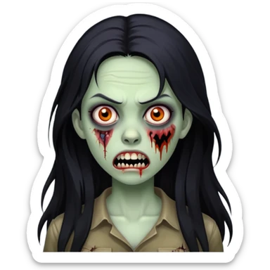Girl zombie with black long hair with teeth and serious face IOS style sticker