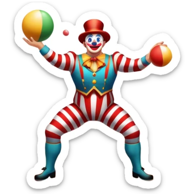 Icon for Circus Arts: a vibrant circus arena with a strongman in a striped costume, a juggler tossing colorful balls, and a clown. The icon should represent the energy and entertainment of the circus, with emphasis on performance and spectacle. Transparent background. sticker