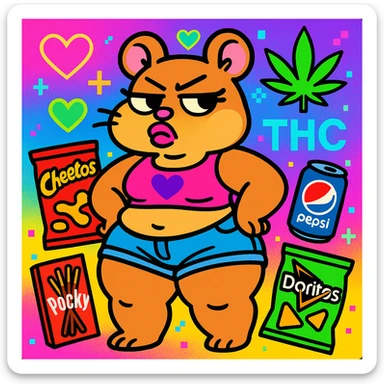 Vibrant, square Discord server icon for 'The Hamster Cult (THC)'. Central character: thick tan anthro cute hamster girl with big thighs, chubby tummy, pouty lips, and a bratty attitude, wearing a cute crop top and shorts. Colorful, vaporwave-inspired background with neon hearts, fruitger aero and webcore pixel details, weed leaf, subtle 'THC' logo, and surrounded by nostalgic snacks. Playful, bratty, chaotic but polished, perfect for a Discord icon. sticker