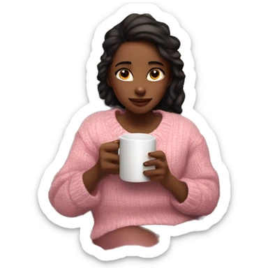 Christmas chill vibes girl on bed and wearing a pink sweater under it is a white shirt and she is watching tv and drinking hot chocolate  sticker