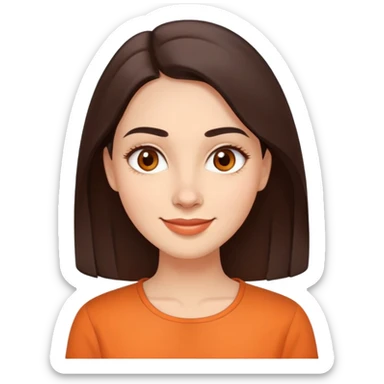 Warm enthusiastic woman with light skin, oval face, soft defined features, large expressive brown eyes, medium arched eyebrows, small nose, medium lips with relaxed smile, long dark brown hair, wearing an orange blouse sticker