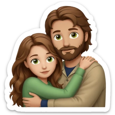 a man with  brown hair and brown beard with hazel eyes and a girl with long brown wavy hair with green eyes, togheter, with neutral clothes, hugged each other sticker