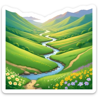 Cinematic Realistic Valley Emoji, Lush and serene, with gently sloping hills surrounding a vibrant green valley filled with wildflowers and a small stream. The soft, golden sunlight filters through the valley, casting peaceful, warm shadows across the landscape. Soft glowing outline, capturing the essence of natural peace and gentle beauty in a sprawling valley. sticker