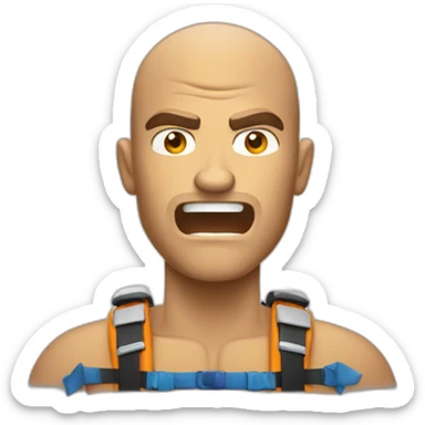 Angry muscular tan guy with buzz cut white water rafting sticker