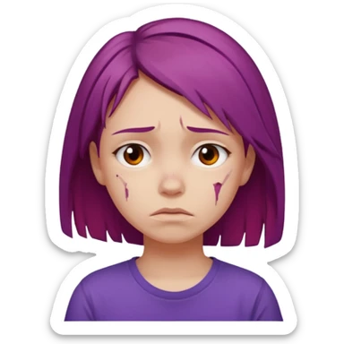 Young girl with red, damaged, and unattractive hair, wearing a purple T-shirt, with a sad and subdued expression. sticker