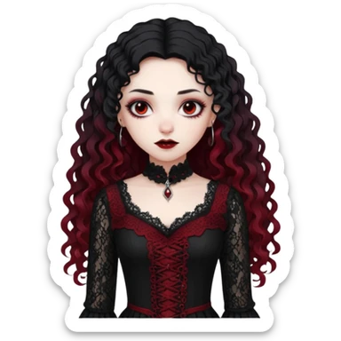 A girl with a dark red goth vampire look in a black goth lace dress with long sleeves longer black curly hair sticker