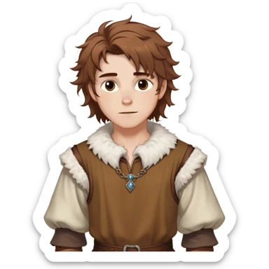 medieval spring outfit worn by a DnD themed fantasy male character. cotton tunic with sleeves rolled to the elbow, featuring a light fur-lined collar for chilly mornings. clothes only above the waist. The clothes full waist. The character's haven't arms. character is white-skinned, chestnut brown hair, amber eyes, shoulder-length messy hair. sticker