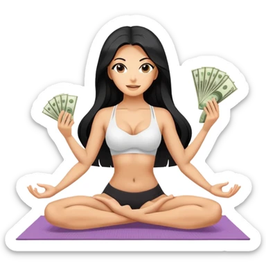 woman with bra, tanned long black hair, holding money, and splits . Money in floor yoga sticker