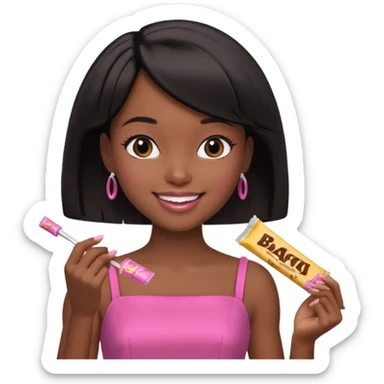 Black barbie, short  black bob  hair, pink dress eating chocalate bar sticker