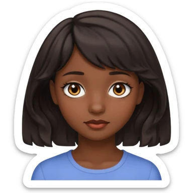 A pretty girl with dark brown eyes and short wavy dark hair with short side bangs and a neutral expression emoji sticker