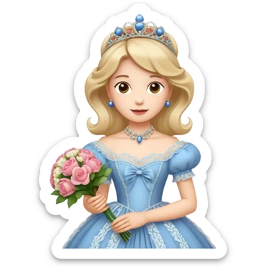 An emoji portrait of a Victorian princess. She is wearing an elaborate crinoline ball gown with intricate lace trim and ribbons. She wears a tiara on her head, and her expression is poised and proper. She is holding a small bouquet of flowers. sticker