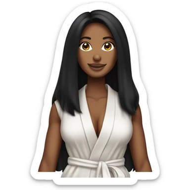 Tanned woman with long black hair wearing a Victoria’s Secret robe sticker