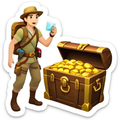 Icon for Adventure Movie: A vibrant, cinematic poster-style design featuring an action-packed scene. Include an adventurer with a map, a treasure chest, a jungle background, a towering mountain, and ancient ruins. Bright colors, bold typography, and an exciting atmosphere. Transparent background. sticker