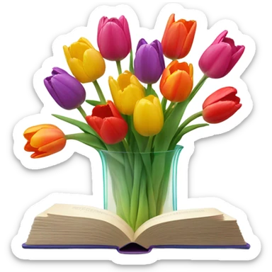 flowers vase in form of transparent book vase, with tullips sticker