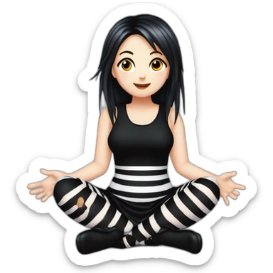 Full body Front view curvy emo girl sits on the floor straight view hands up black skirt striped stockings sticker