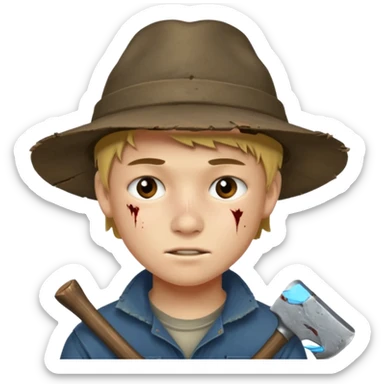 13 y/o Brian robeson at the beginning of Hatchet
distressed, has hatchet, small scratches(no bleeding type) on face, no blood on hatchet sticker