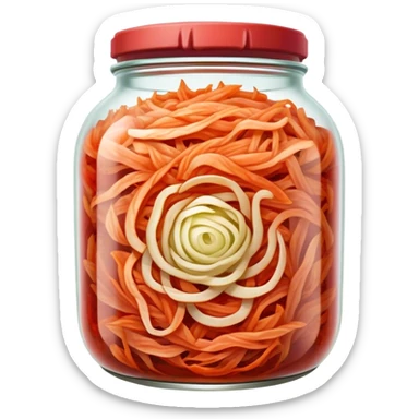 Shredded Kimchi Cinematic Realistic Kimchi Dish Emoji, depicted as spicy, fermented cabbage with vibrant red hues neatly served in a traditional jar, rendered with dynamic textures and bold, appetizing lighting. sticker