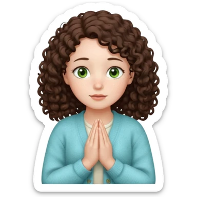 young girl in cozy cardigan milky blue tones, green eyes, freckles, plump lips, dark brown curly hair below shoulders, hands folded in prayer or gratitude, looking forward, emoji style sticker