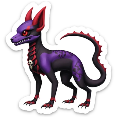 Gothic Black red purple Scaley Exotic Salandit-Umbreon-Noibat-Houndoom-Fakémon-hybrid-creature (full body), 4 legs, skull face mask sticker