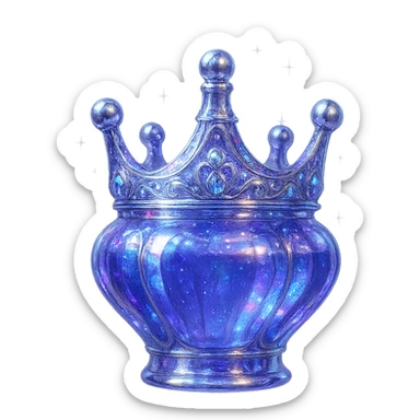 ultra luxurious small crown-shaped elixir bottle, color #7986cb, prominent iridescent and silver details, rich magical glowing and sparkling effects, very small neck, seamless bottom, transparent background, floating, no base or shadow, modern, matching a magical luxury collection sticker