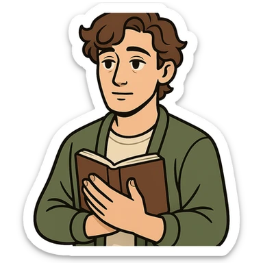 Calm and thoughtful male confidant, fair skin, soft wavy brown hair, gentle eyes, wearing a green cardigan over a light shirt, holding an open journal close to chest, waist-up, front-facing, pure background sticker
