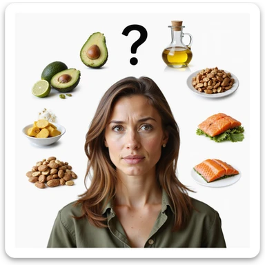 realistic woman with perplexed expression, surrounded by realistic icons of healthy fats (avocado, olive oil, nuts, salmon), question mark above head, hyperrealistic details, natural light, PNG without background, variant 2 sticker