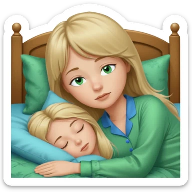 Woman with blue eyes and long dark blond hair and a bang, sleeping in bed  with green pyjama sticker