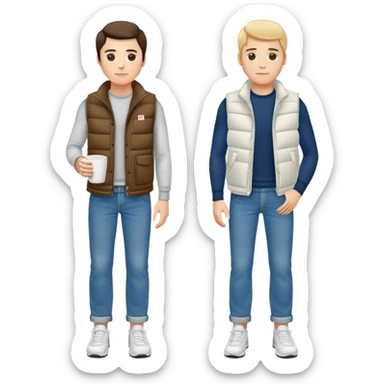 full body man with plain puffy vest with no pockets over long sleeved shirt wearing straight levi boyfriend style blue jeans and tennis shoes holding coffee mug in his hand sticker