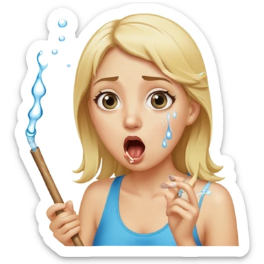 blond woman with wide eyes, holding a skin-colored stick, water squirting from the stick into her mouth, shocked face sticker