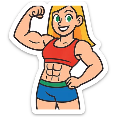 full body pose of a muscular white girl with blonde hair and green eyes, flexing 6 pack abs and one arm bicep sticker
