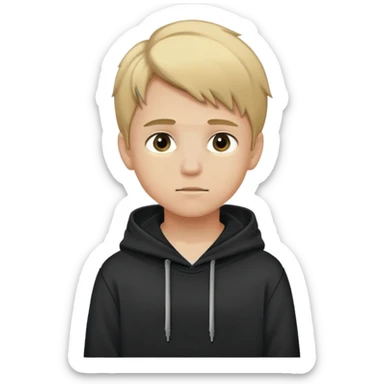 A boy with dirty blonde hair and a black hoodie sticker