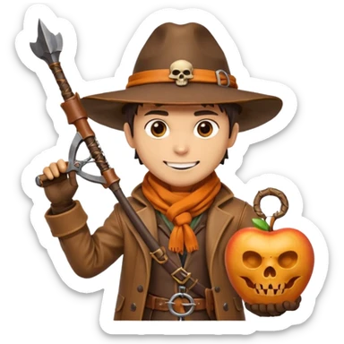 male human monster hunter emoji, wearing brown leather coat and wide hat, holding crossbow, with amulet shaped like skull, Halloween fantasy theme, confident smile, orange scarf, Apple emoji style, clean white background, square image sticker