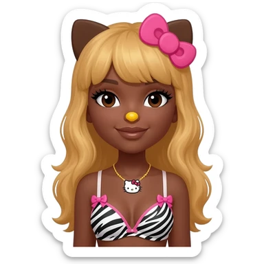 long lashes, bimbo, dark brown skin with honey blonde hair with hello kitty brown ears, with yellow nose, zebra print bra with pink bows, hello kitty necklace sticker